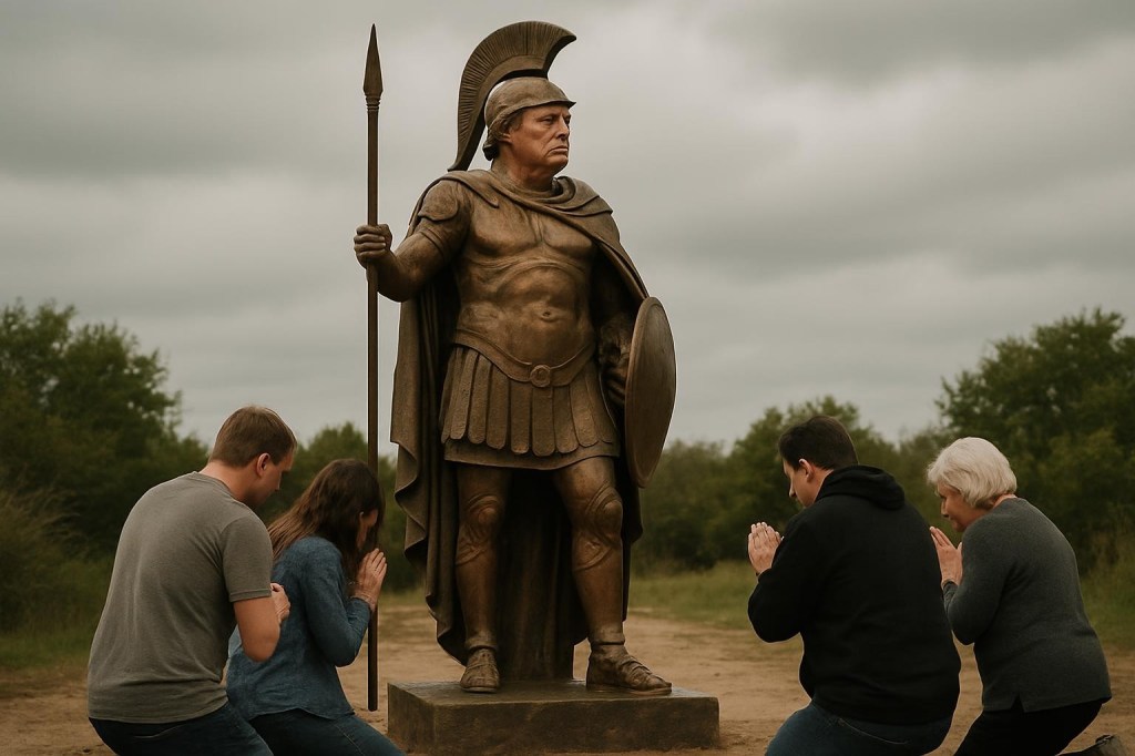 People kneeling and praying before a bronze statue of Donald Trump in Spartan armor.