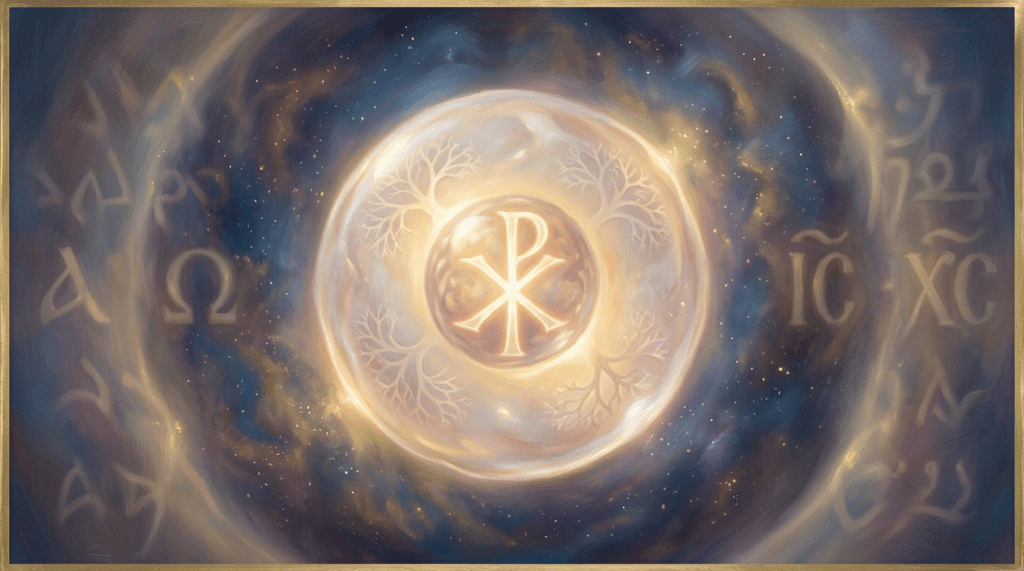 Glowing Chi Rho symbol with ancient letters and celestial background