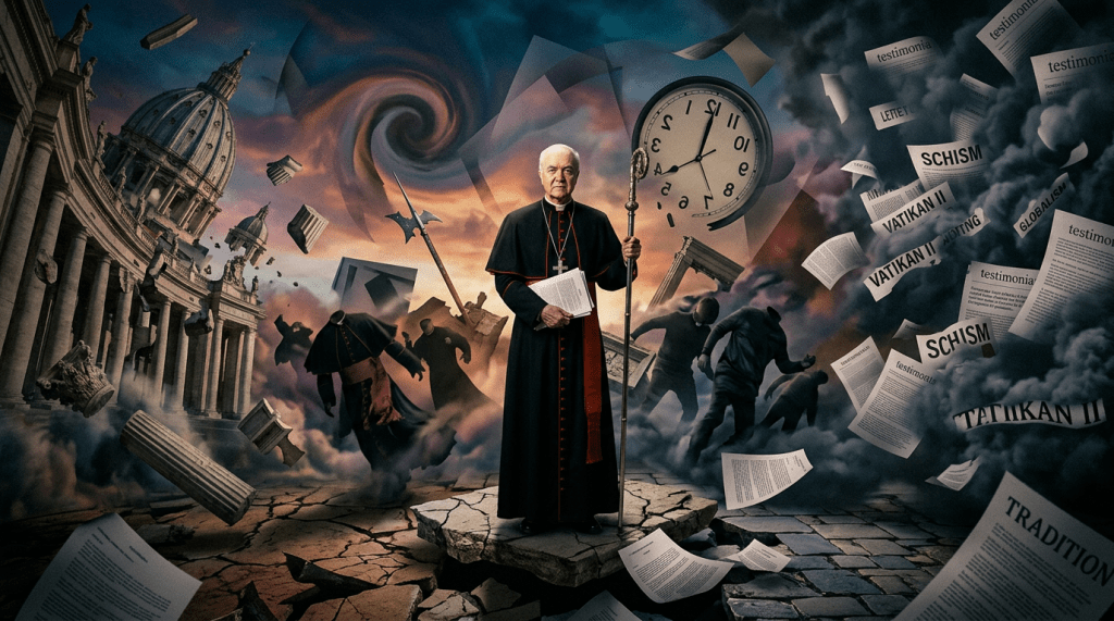 Cardinal holding a staff on cracked ground surrounded by swirling figures, broken columns, flying papers with words like Schism and Vatican II, a distorted clock, and a stormy sky.