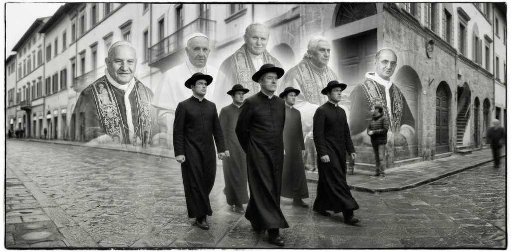 Five priests wearing black cassocks and wide-brimmed hats walking in a line on a cobblestone street.