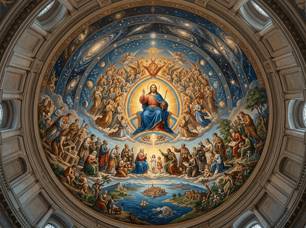 Fresco of Jesus Christ seated with angels, saints, and cosmic elements on a domed ceiling