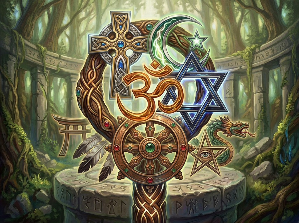 Religious symbols including the cross, crescent moon and star, om, Star of David, Dharma wheel, pentagram, and torii gate in a forest ruin.
