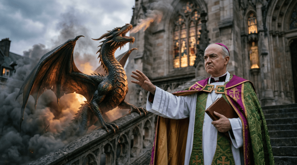 Bishop with religious robes holding a book and raising hand toward a fire-breathing dragon on a cathedral staircase