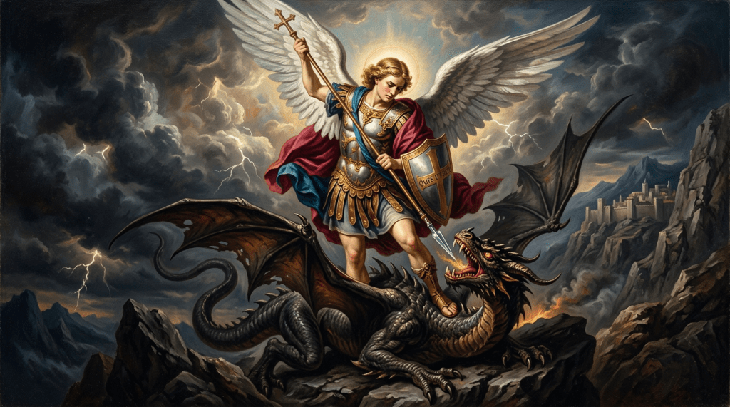 Archangel Michael with sword and shield fighting a dragon on rocky terrain