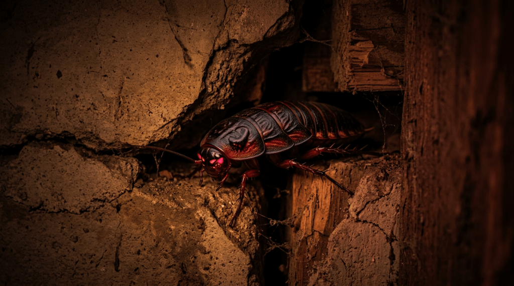 A cockroach resting in a crack between rough, earthy surfaces
