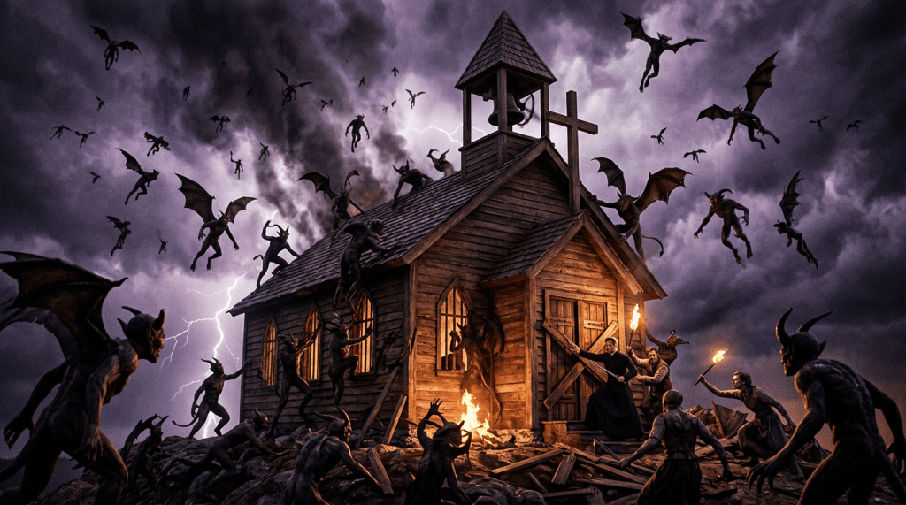 Winged demons attacking a small wooden church with people defending using torches