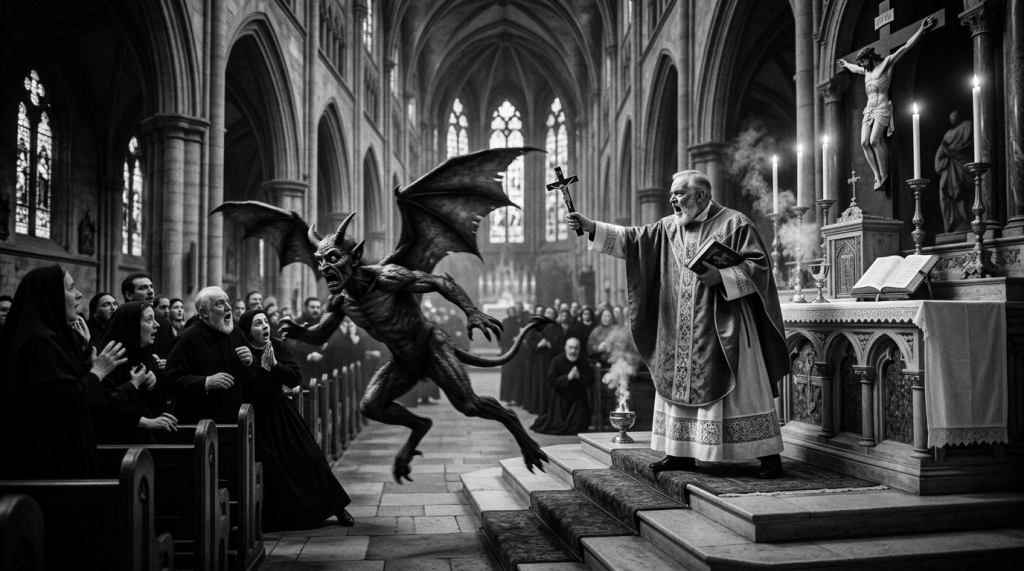 Priest holding crucifix confronting winged demon in cathedral with frightened congregation.