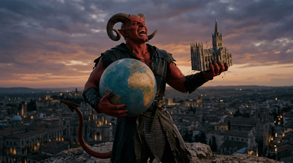Red demon with horns holding a globe and crumbling cathedral model at sunset