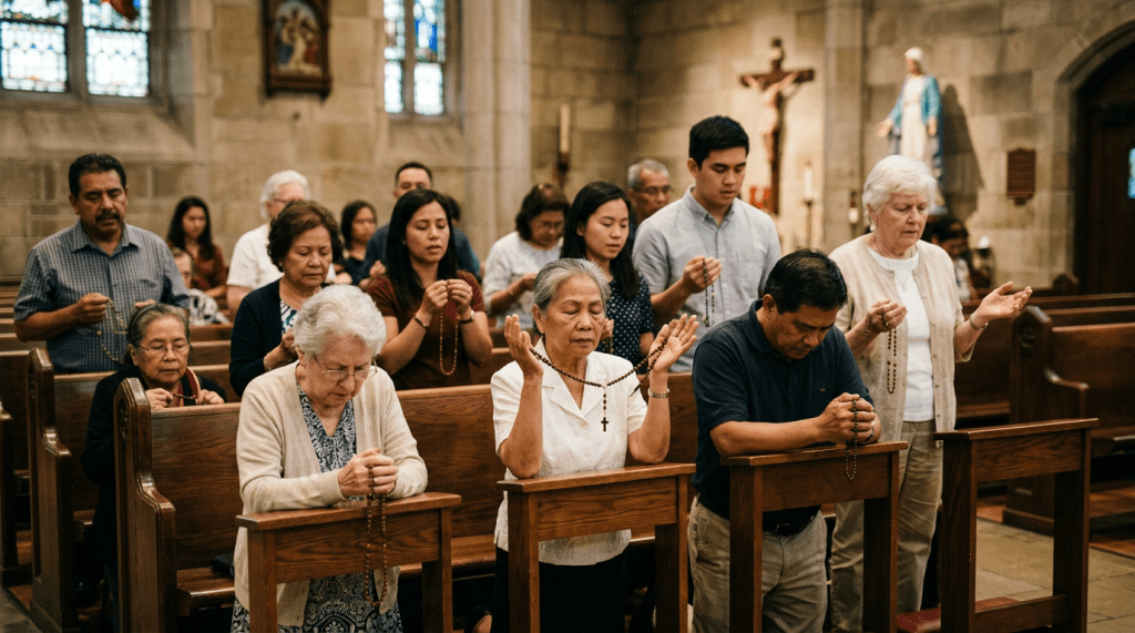 People praying with rosary beads inside a church