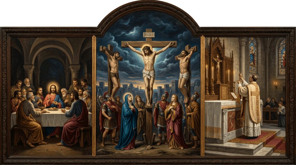 Triptych painting showing the Last Supper on the left, Jesus' crucifixion in the center, and a priest celebrating Mass on the right.