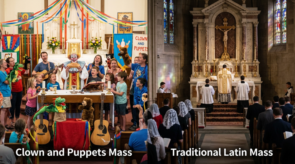 Side-by-side scenes of a lively Clown and Puppets Mass and a solemn Traditional Latin Mass inside a church