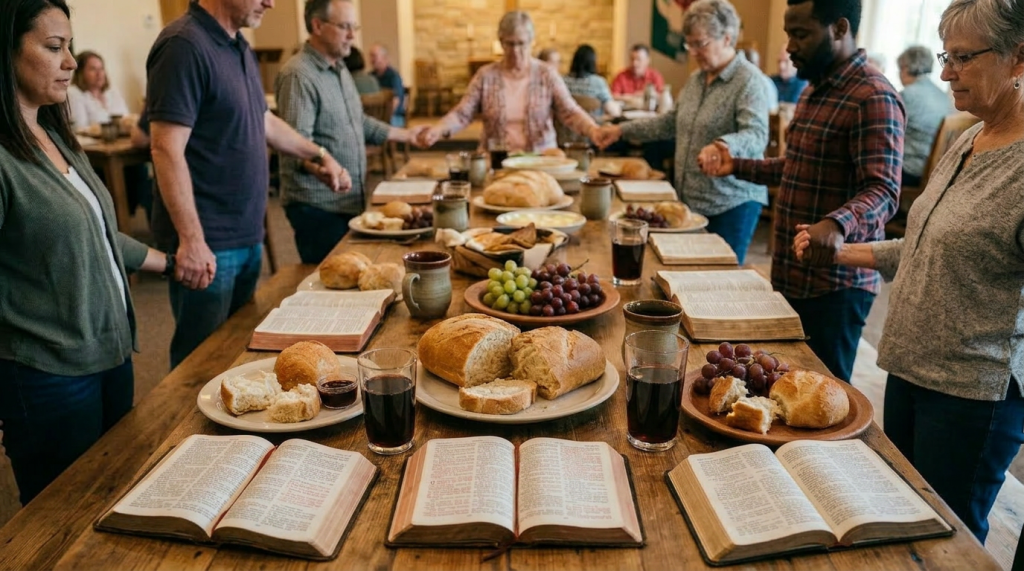 People holding hands and praying around a table with food and open Bibles