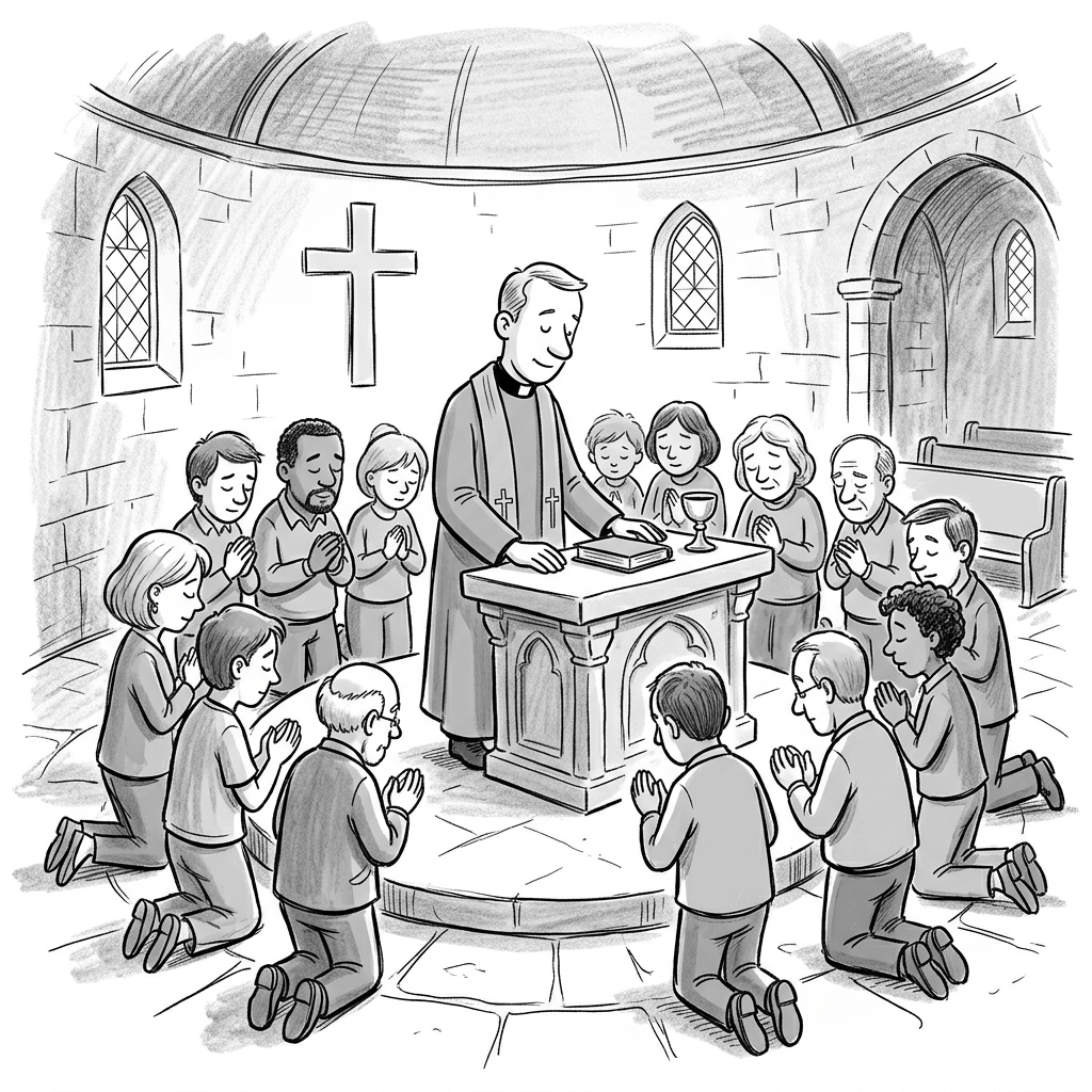 People kneeling and praying around a priest at a church altar with a cross